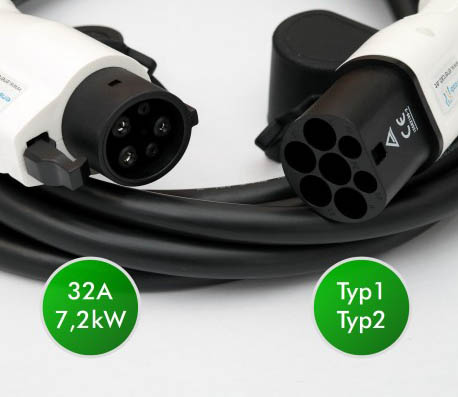 Typ 2 auf Typ 1 Ladekabel, 32A 7,4kW für Elektroauto. Ladekabel für Typ 1 e- auto ab 120,00€